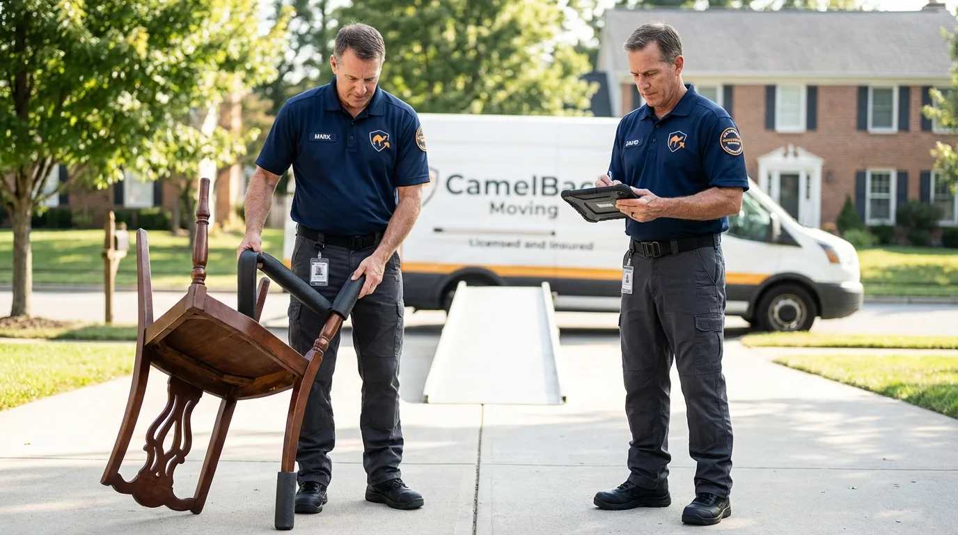 Movers inspecting furniture for damage prevention before loading in Malvern, PA