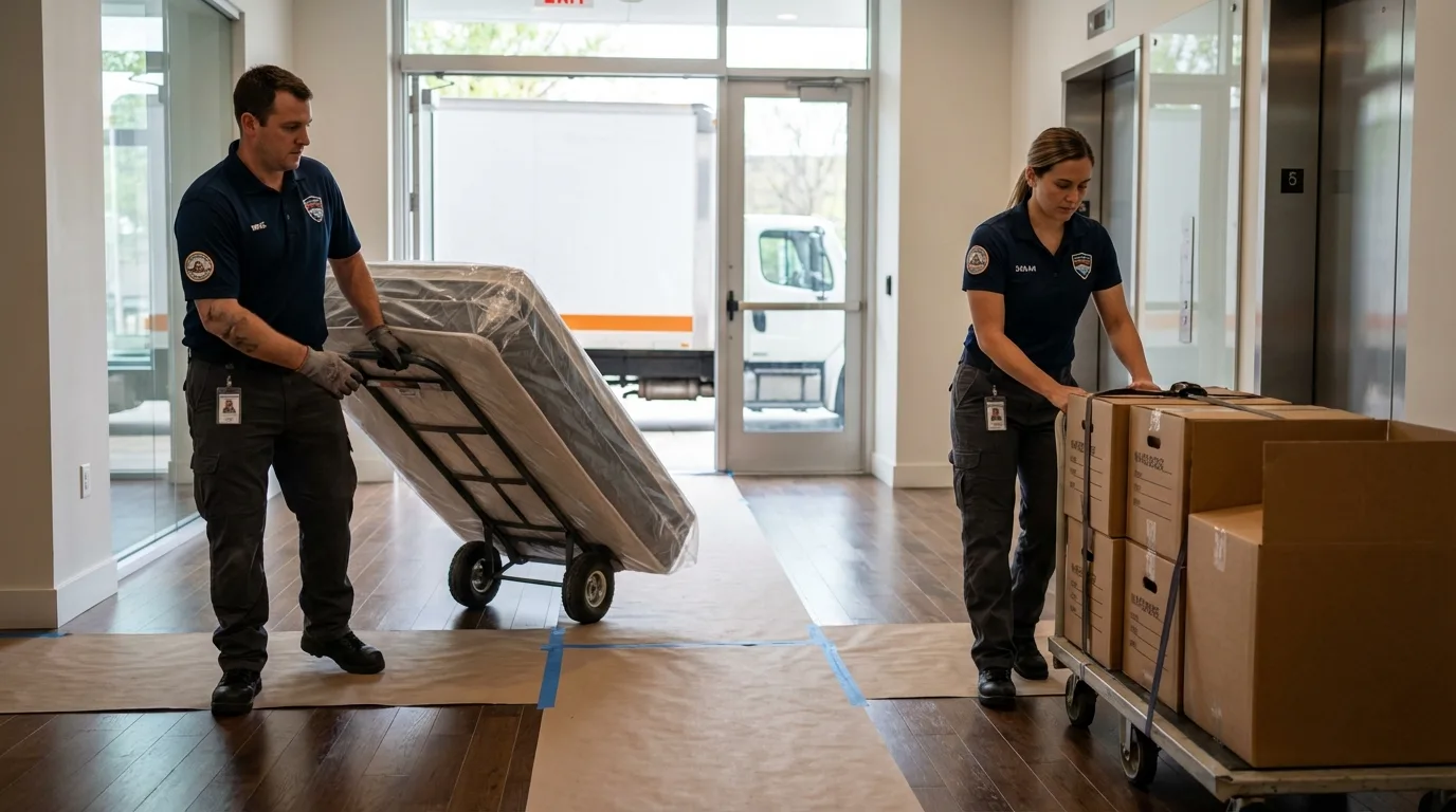 Professional apartment movers loading elevator in Malvern, PA